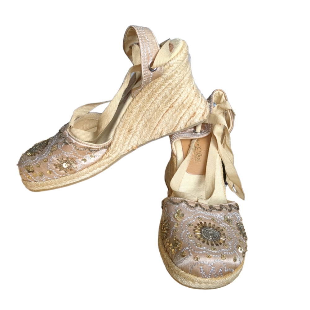 Something Else Beige Embellished Beaded Satin Yute Platform Shoes Size 8
